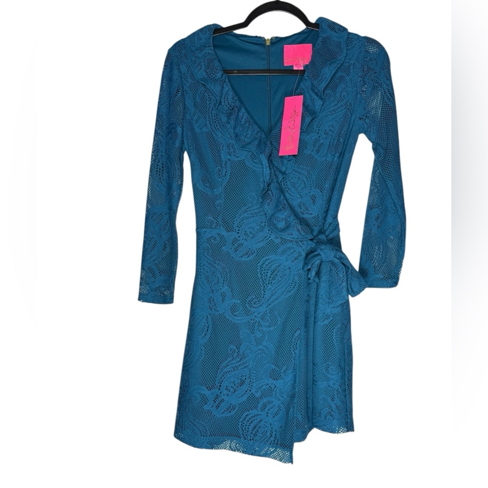 Lilly Pulitzer Tiki Wrap Ruffle Romper Sz XS Inky Teal Lace Long Sleeve NWT $198